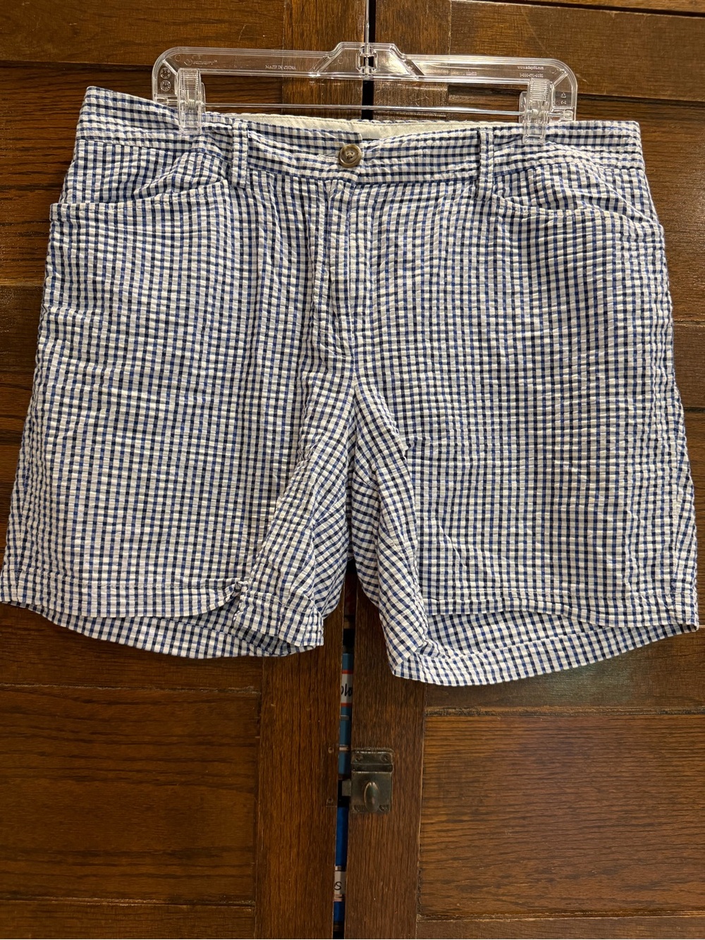 Lands’ end sz 14 fit 2 Blue White Check Seersucker Shorts 100% cotton plaid boat